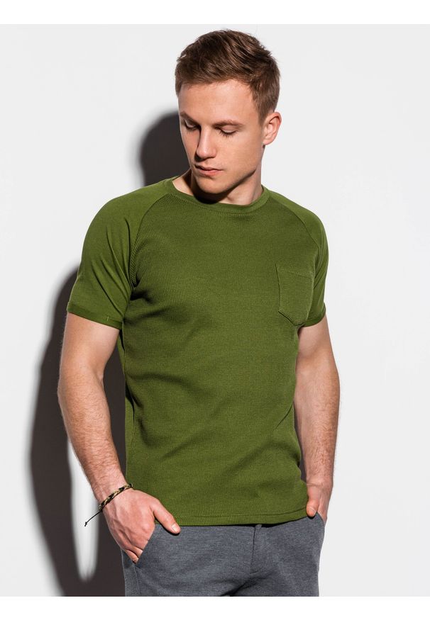Ombre Clothing - T-shirt męski bez nadruku S1182 - oliwkowy - XXL. Kolor: oliwkowy. Materiał: bawełna, tkanina, poliester. Styl: klasyczny