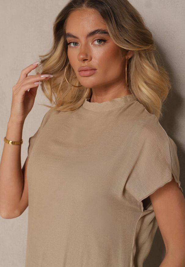 Renee - Beżowa Sukienka o Pudełkowym Kroju z Wiązaniem Napalea. Okazja: na co dzień. Typ kołnierza: dekolt w serek. Kolor: beżowy. Materiał: skóra. Typ sukienki: proste. Styl: casual