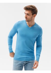 Ombre Clothing - Sweter męski z haftem - błękitny V21 - Rozmiar: XXL. Kolor: niebieski. Materiał: nylon, wiskoza, materiał, dzianina. Wzór: haft. Styl: klasyczny, elegancki