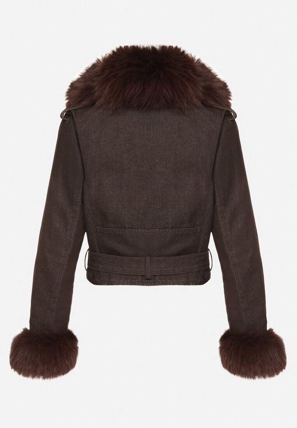Born2be - Brązowa Ocieplana Kurtka Ramoneska z Futrem przy Kołnierzu i Rękawach Mevesala. Kolor: brązowy. Materiał: futro. Długość: krótkie