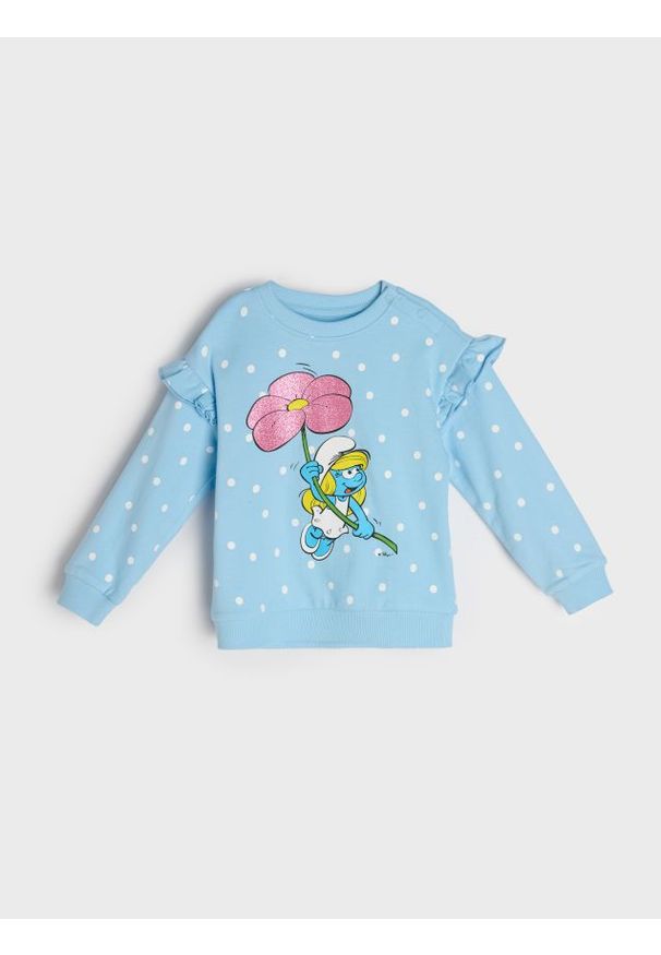 Sinsay - Bluza crewneck z falbanami The Smurfs - niebieski. Kolor: niebieski