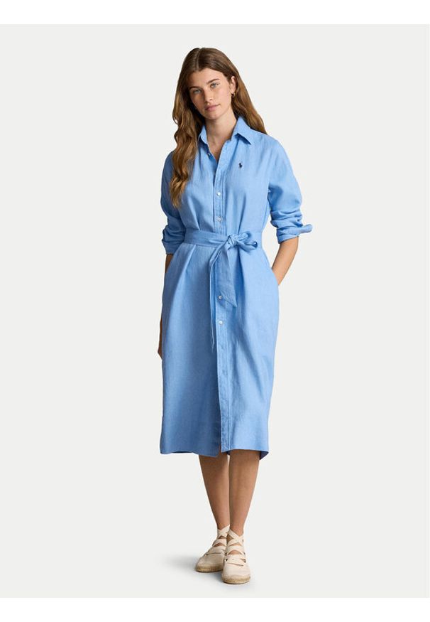 Polo Ralph Lauren Sukienka koszulowa 211943992002 Niebieski Regular Fit. Typ kołnierza: polo. Kolor: niebieski. Materiał: len. Typ sukienki: koszulowe