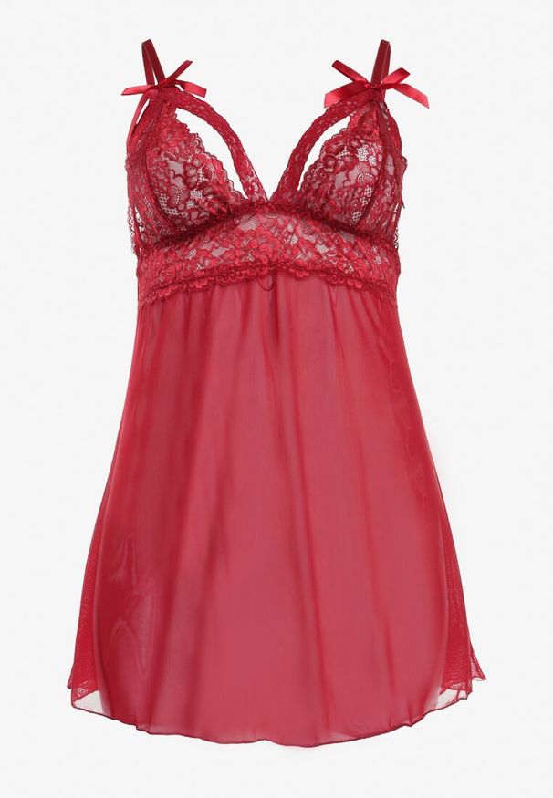 Born2be - Bordowa Koronkowa Koszula Nocna na Regulowanych Ramiączkach z Majtkami Dines. Kolor: czerwony. Materiał: koronka. Wzór: koronka