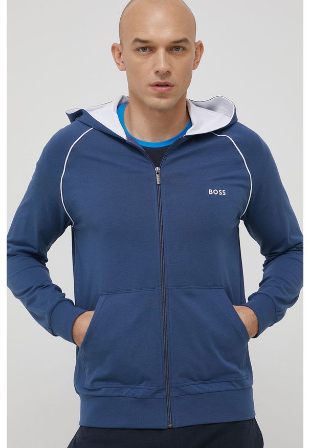 BOSS bluza męska kolor granatowy z kapturem gładka. Okazja: na co dzień. Typ kołnierza: kaptur. Kolor: niebieski. Wzór: gładki. Styl: casual