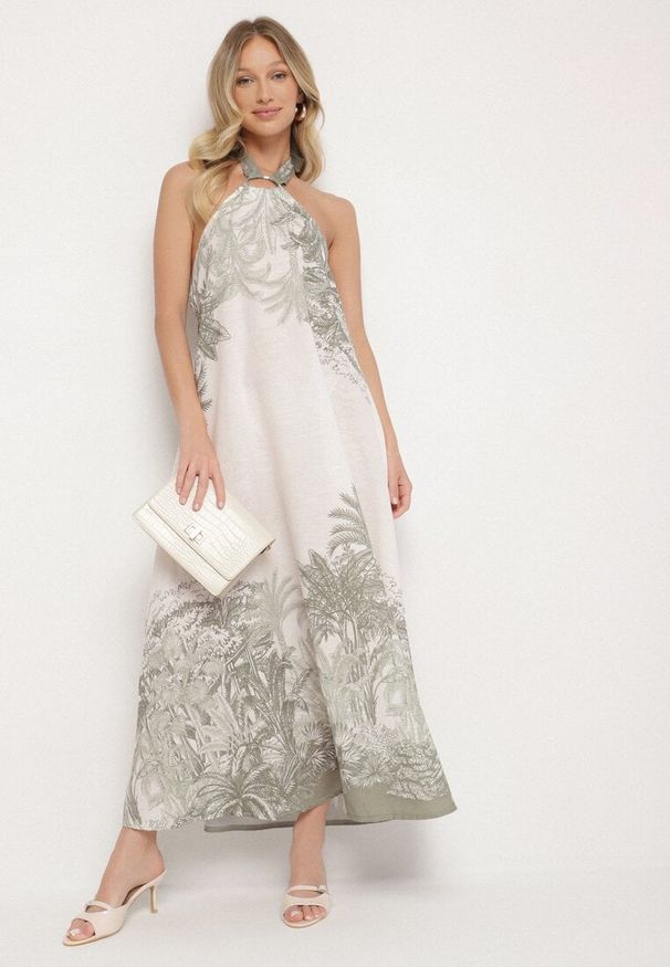 Born2be - Zielona Sukienka z Wiskozą i Motywem Palm z Wiązaniem Izomara. Okazja: na spacer, na co dzień. Kolor: zielony. Materiał: wiskoza. Sezon: lato. Styl: casual, elegancki