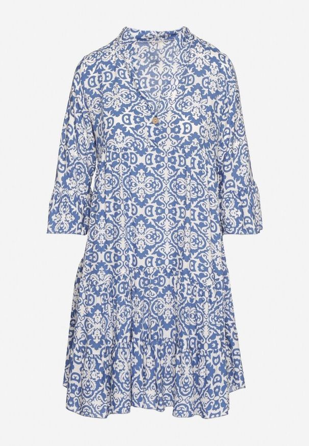 Born2be - Niebieska Bawełniana Sukienka Rozkloszowana z Falbanką w Ornamentalny Wzór Laneloren. Kolor: niebieski. Materiał: bawełna