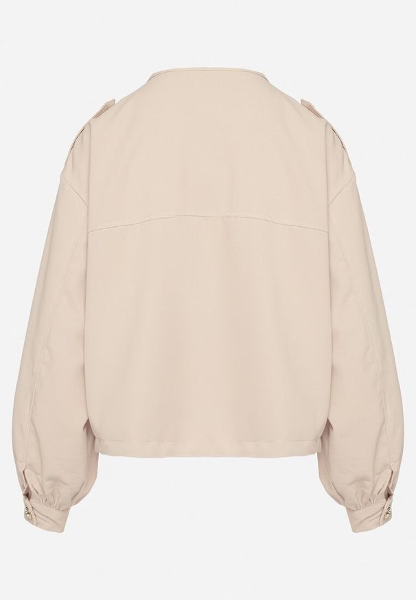 Born2be - Beżowa Kurtka ze Stójką i Ozdobnymi Guzikami Ściągana w Pasie Troczkiem Basalle. Okazja: na co dzień. Typ kołnierza: kołnierzyk stójkowy. Kolor: beżowy. Materiał: jeans. Styl: casual, elegancki