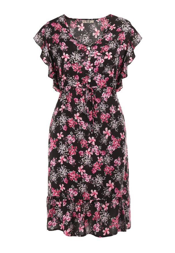 Born2be - Czarno-Różowa Sukienka z Wiskozy Actamia. Okazja: na co dzień. Typ kołnierza: kokarda, kołnierz z falbankami. Kolor: czarny. Materiał: wiskoza. Wzór: kwiaty. Typ sukienki: proste. Styl: casual. Długość: mini