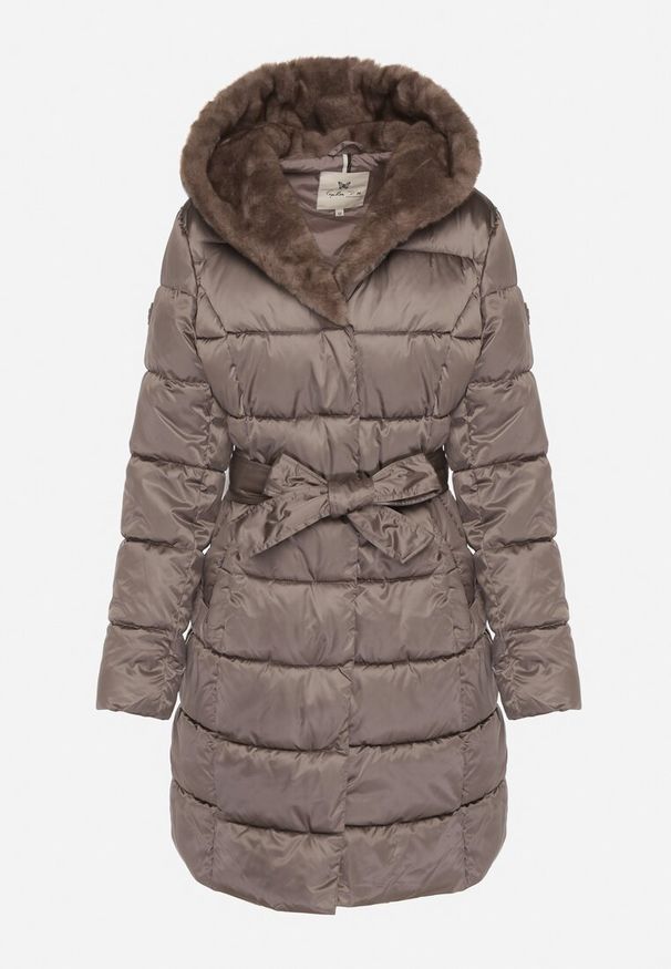 Born2be - Szara Długa Kurtka Ozdobiona Pikowaniem z Nieodpinanym Kapturem i Paskiem Lidaveia. Okazja: na co dzień. Kolor: szary. Materiał: jeans. Długość: długie. Wzór: aplikacja. Styl: casual, elegancki, klasyczny