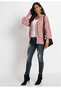 bonprix - Sweter ażurowy bez zapięcia. Kolor: różowy. Wzór: ażurowy #3