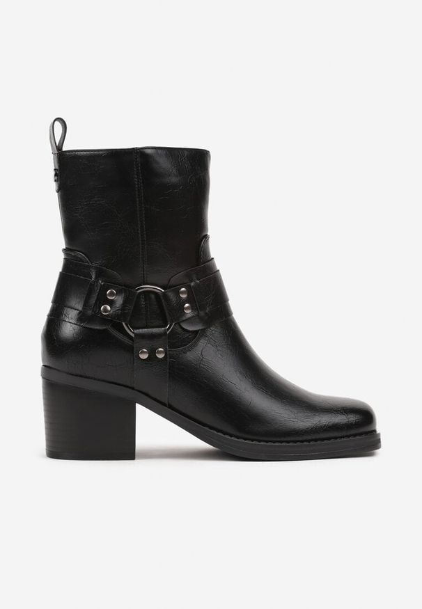 Renee - Czarne Botki na Słupku w Stylu Kowbojek z Klamrami Irivaria. Okazja: na co dzień. Zapięcie: klamry. Kolor: czarny. Materiał: jeans. Obcas: na słupku. Styl: boho, casual