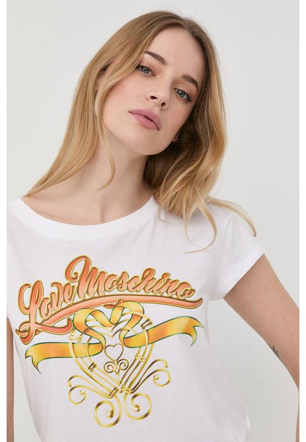 Love Moschino t-shirt bawełniany kolor biały. Okazja: na co dzień. Kolor: biały. Materiał: bawełna. Długość rękawa: krótki rękaw. Długość: krótkie. Styl: casual