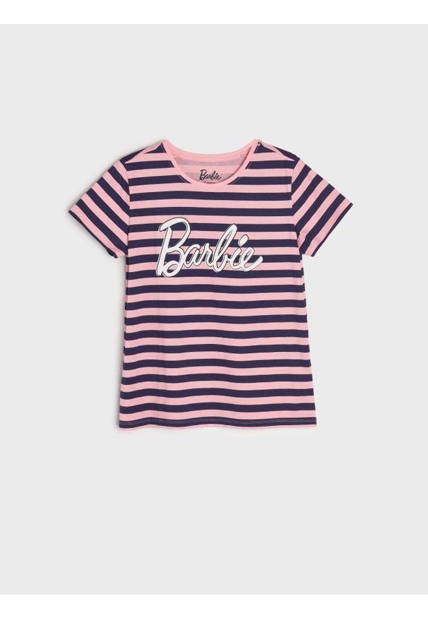 Sinsay - Koszulka Barbie - różowy. Kolor: różowy. Materiał: bawełna, dzianina. Styl: klasyczny