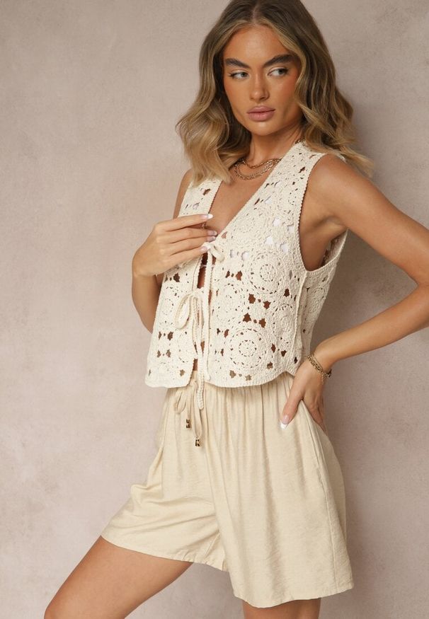 Renee - Beżowe Szorty z Bawełny High Waist z Wiązaniem Filorella. Okazja: na co dzień, na spacer. Stan: podwyższony. Kolor: beżowy. Materiał: bawełna. Sezon: lato. Styl: casual
