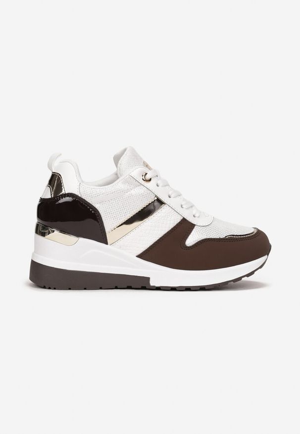 Born2be - Biało-Brązowe Sneakersy na Koturnie z Wstawkami Chiffoc. Okazja: na co dzień. Nosek buta: okrągły. Zapięcie: sznurówki. Kolor: biały. Materiał: materiał, jeans. Sezon: jesień, wiosna. Obcas: na koturnie. Wysokość obcasa: średni