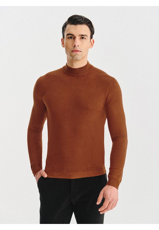 Pako Lorente - PAKO LORENTE - Półgolf męski w rudym kolorze. Kolor: brązowy, szary, niebieski. Materiał: wiskoza, nylon. Wzór: ze splotem, gładki