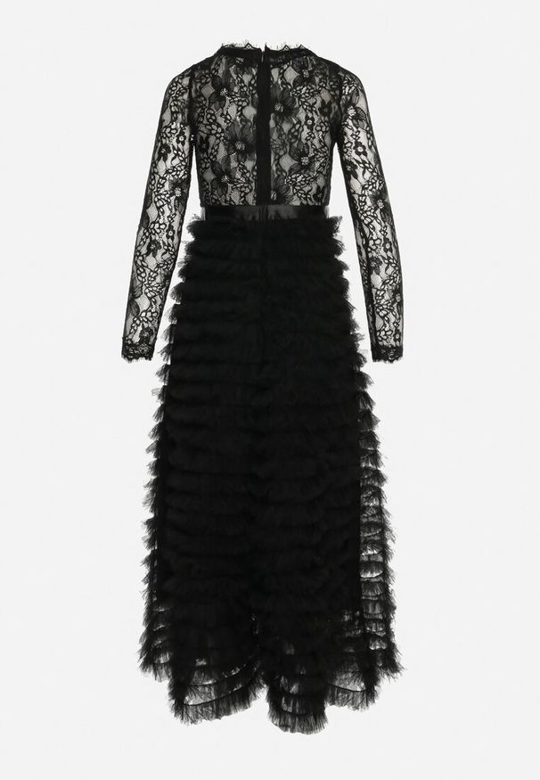 Born2be - Czarna Maxi Sukienka Rozkloszowana z Koronkową Górą i Tiulowymi Falbankami Firina. Typ kołnierza: kołnierz z falbankami. Kolor: czarny. Materiał: tiul, koronka. Długość: maxi