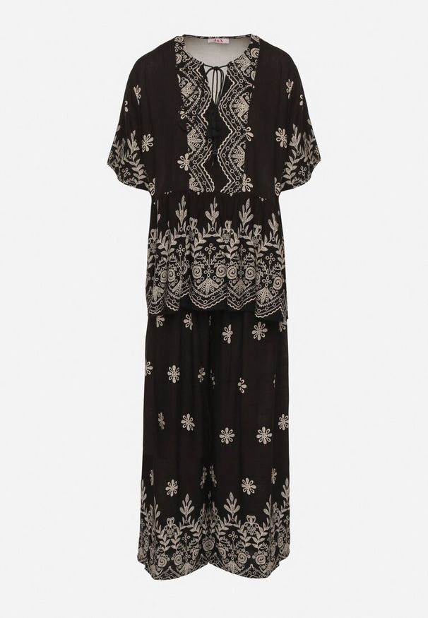 Born2be - Czarny Wiskozowy Komplet Bluzka z Wiązaniem i Spodnie Lunavelia. Kolor: czarny. Materiał: wiskoza