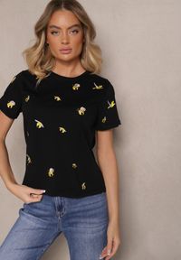 Renee - Czarny Bawełniany T-shirt z Ozdobnym Haftem Falvivi. Okazja: na co dzień. Kolor: czarny. Materiał: bawełna. Wzór: haft. Styl: klasyczny, casual, elegancki