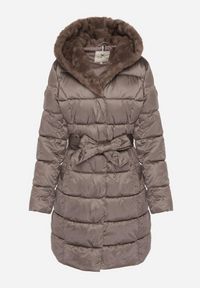 Born2be - Szara Długa Kurtka Ozdobiona Pikowaniem z Nieodpinanym Kapturem i Paskiem Lidaveia. Okazja: na co dzień. Kolor: szary. Materiał: jeans. Długość: długie. Wzór: aplikacja. Styl: casual, klasyczny, elegancki
