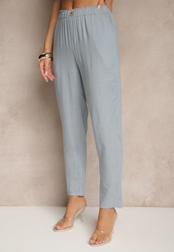 Renee - Niebieskie Casualowe Spodnie z Lnem z Gumką w Pasie Filanisse. Okazja: na co dzień. Kolor: niebieski. Materiał: len. Styl: casual