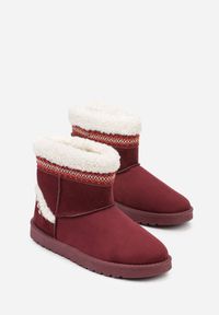 Born2be - Bordowe Wsuwane Śniegowce Zdobione Futrem i Haftem Mevittia. Okazja: na co dzień. Zapięcie: bez zapięcia. Kolor: czerwony. Materiał: futro. Wzór: haft, aplikacja. Sezon: zima. Styl: casual, elegancki #4