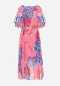 Born2be - Różowo-Niebieska Rozkloszowana Sukienka z Wiązaniem w Talii i Szerokimi Rękawami Nellanora. Kolor: różowy. Materiał: tkanina. Sezon: lato #7