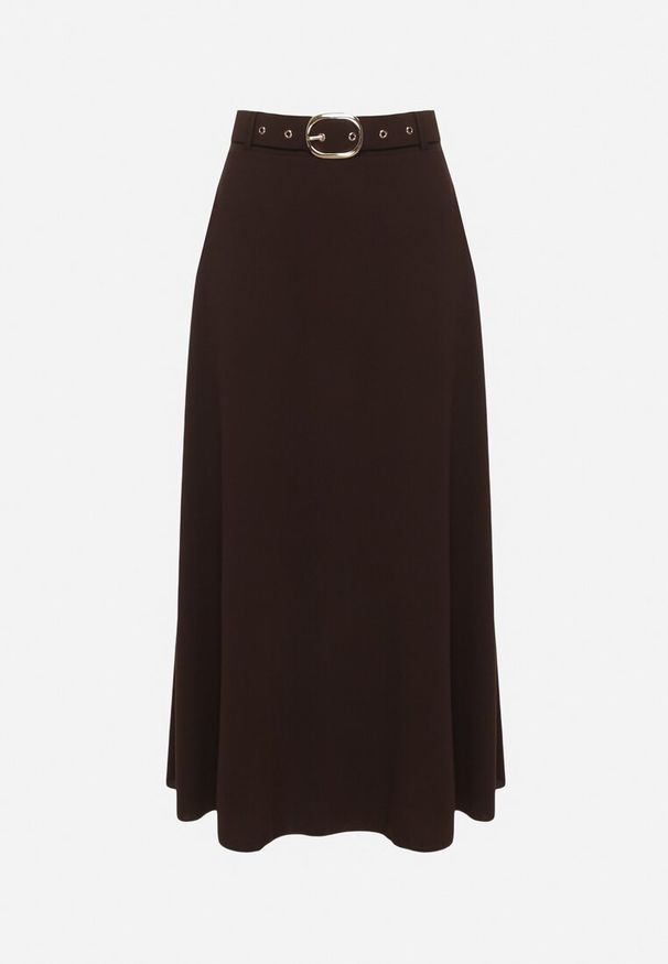 Born2be - Brązowa Rozkloszowana Spódnica z Wysokim Stanem Ozdobiona Paskiem z Klamrą Lobira. Okazja: na co dzień. Stan: podwyższony. Kolor: brązowy. Materiał: jedwab. Wzór: aplikacja. Styl: casual, elegancki