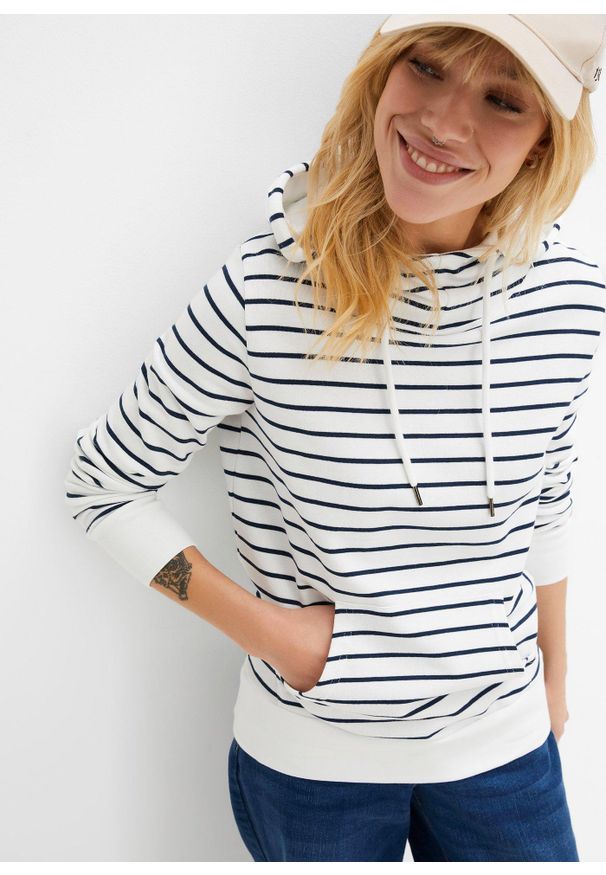 bonprix - Bluza z kapturem z mieszanki bawełny. Typ kołnierza: kaptur. Kolor: biały. Materiał: bawełna. Wzór: gładki, paski