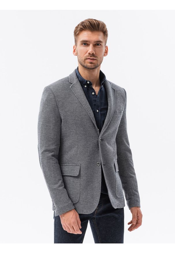 Ombre Clothing - Marynarka męska casual - granatowa V2. Okazja: na co dzień. Kolor: niebieski. Materiał: bawełna, poliester, dzianina. Wzór: kwiaty. Styl: casual