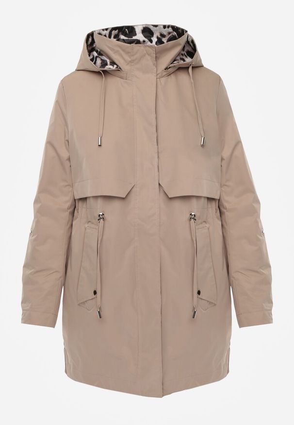Renee - Ciemnobeżowa Kurtka Parka Ozdobiona Sznurkami przy Odpinanym Kapturze Loriballe. Okazja: na co dzień. Kolor: beżowy. Materiał: jeans. Wzór: aplikacja. Sezon: jesień. Styl: casual