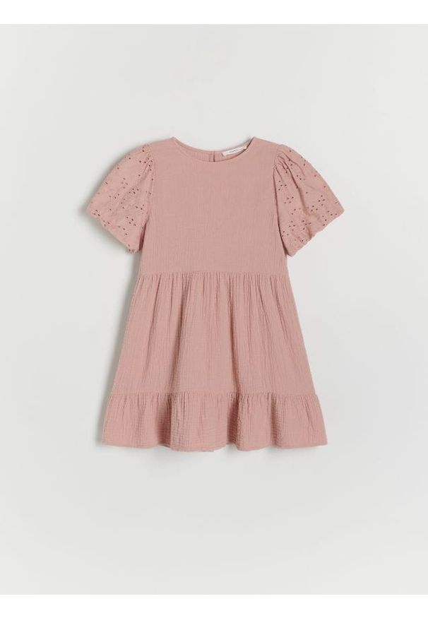 Reserved - Muślinowa sukienka z bufkami - różowy. Kolor: różowy. Materiał: bawełna