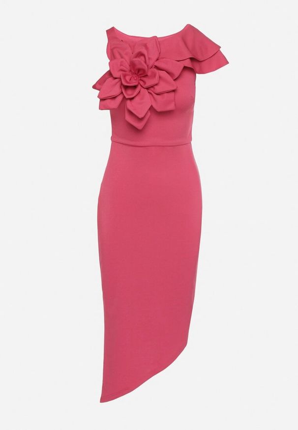 Born2be - Fuksjowa Asymetryczna Sukienka Koktajlowa Vices z Falbankami i Kwiatem 3D Tolaseia. Okazja: na co dzień. Typ kołnierza: kołnierz z falbankami. Kolor: różowy. Wzór: kwiaty. Typ sukienki: asymetryczne. Styl: wizytowy