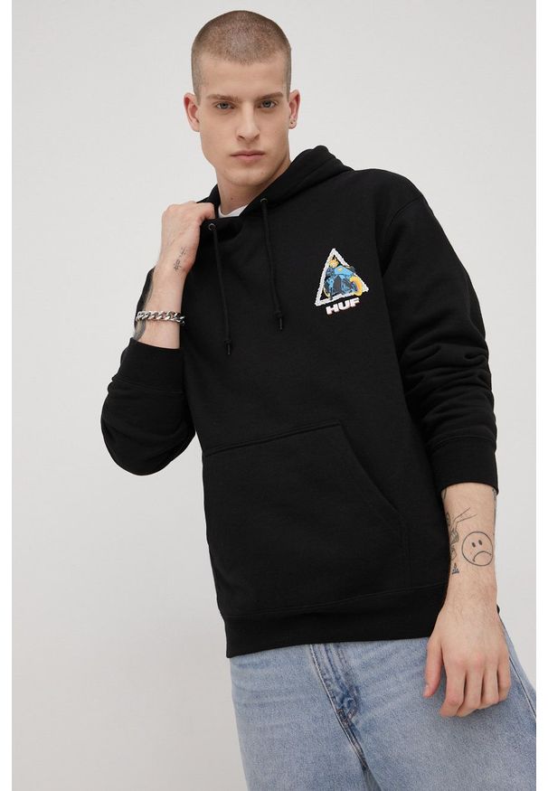 HUF bluza x Marvel męska kolor czarny z kapturem z nadrukiem. Typ kołnierza: kaptur. Kolor: czarny. Materiał: dzianina. Wzór: motyw z bajki, nadruk