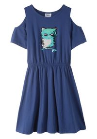 Sukienka dziewczęca z wycięciami na ramionach i obracanymi cekinami, bawełna organiczna bonprix kobaltowy. Kolor: niebieski. Materiał: bawełna. Wzór: aplikacja #3