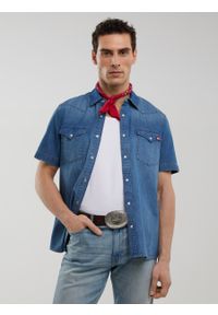 Big-Star - Koszula męska jeansowa z krótkim rękawem niebieska Short Sleeve Western 377. Kolor: niebieski. Materiał: jeans. Długość rękawa: krótki rękaw. Długość: krótkie. Sezon: lato. Styl: wizytowy