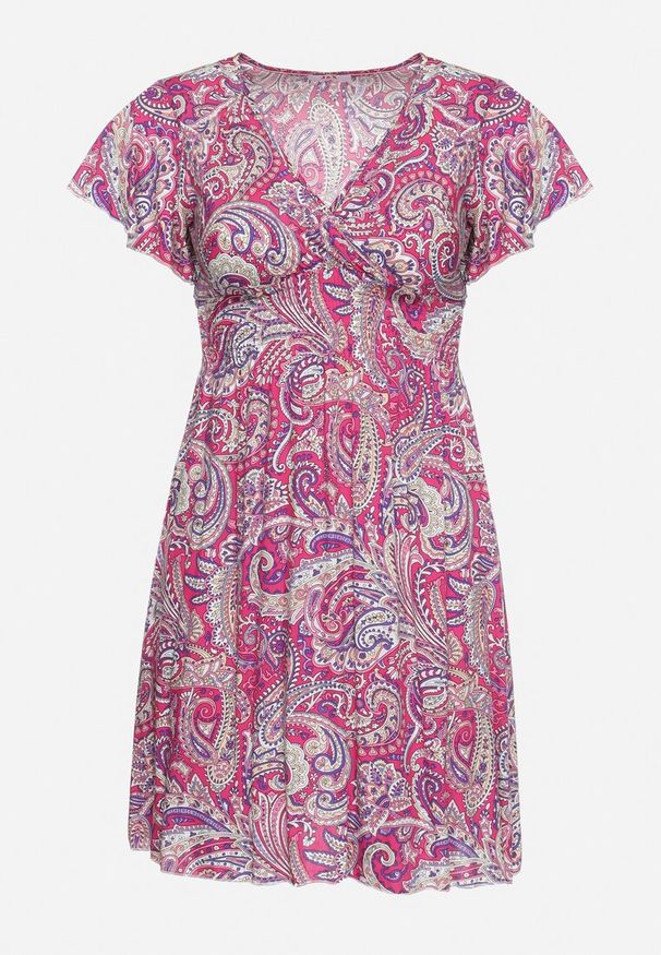 Born2be - Fuksjowa Wiskozowa Sukienka Rozkloszowana z Kopertowym Dekoltem i Gumką w Pasie Fasemia. Okazja: na randkę, na co dzień. Typ kołnierza: dekolt w serek. Kolor: różowy. Materiał: wiskoza. Wzór: paisley. Sezon: lato. Typ sukienki: kopertowe. Styl: casual