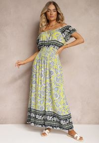 Renee - Żółta Sukienka z Bawełny z Gumką w Pasie i Wiązaniem przy Dekolcie Hiletta. Okazja: na co dzień. Kolor: żółty. Materiał: bawełna. Styl: casual #4