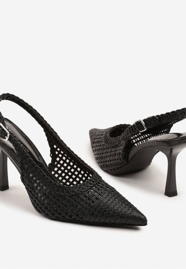 Renee - Czarne Sandały na Szpilce Typu Slingback Ozdobione Plecionką Meranoria. Okazja: na co dzień. Zapięcie: sprzączka. Kolor: czarny. Wzór: aplikacja. Obcas: na szpilce. Styl: elegancki, casual