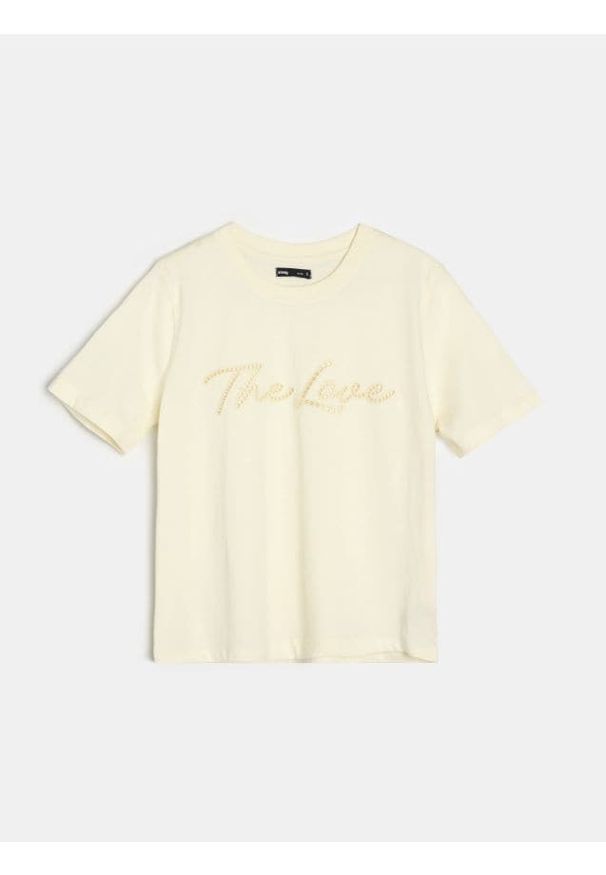 Sinsay - Bawełniana koszulka z ażurowym napisem - żółty. Kolor: żółty. Materiał: bawełna. Wzór: napisy, ażurowy