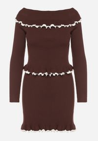 Born2be - Brązowy Dzianinowy Komplet z Wiskozą Spódnica i Bluzka z Odkrytymi Ramionami Zozfira. Kolor: brązowy. Materiał: dzianina, wiskoza #3