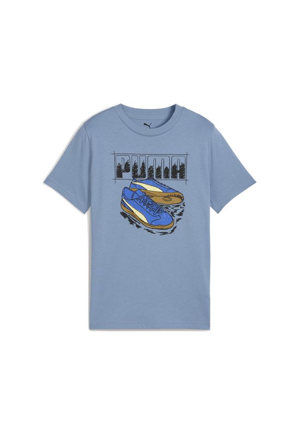 Puma - Młodzieżowa koszulka z grafiką sneakersów PUMA. Kolor: niebieski. Sport: joga i pilates