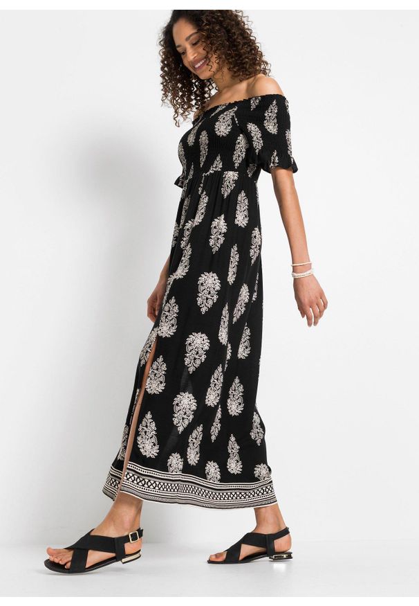 bonprix - Sukienka z dekoltem carmen, z lejącej wiskozy. Typ kołnierza: typu carmen. Kolor: czarny. Materiał: wiskoza. Sezon: lato. Długość: maxi