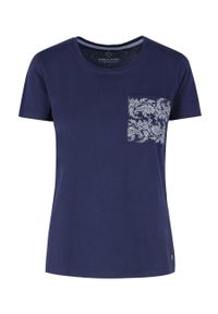 Volcano - t-shirt z kieszonką T-MERIL. Okazja: na co dzień. Kolor: niebieski. Materiał: materiał, guma, bawełna. Długość rękawa: krótki rękaw. Długość: krótkie. Wzór: kwiaty. Styl: casual