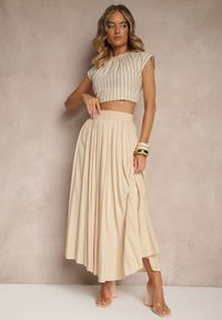 Renee - Beżowa Spódnica o Rozkloszowanym Kroju z Wiskozy Lunafina. Okazja: na co dzień. Kolor: beżowy. Materiał: wiskoza. Styl: sportowy, klasyczny, casual