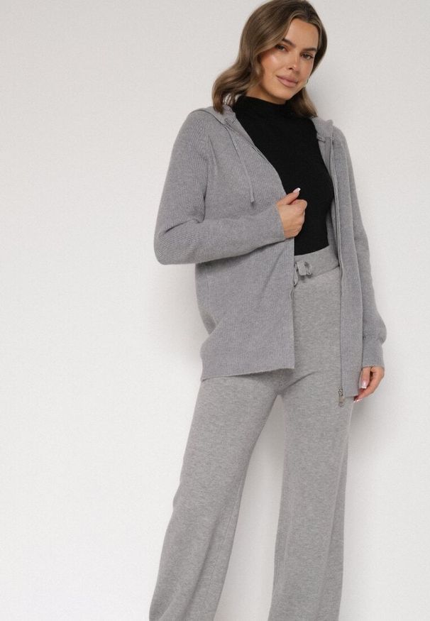 Born2be - Ciemnoszary Komplet z Wełną i Bawełną Szerokie Spodnie i Rozpinana Bluzka z Kapturem Reikania. Kolor: szary. Materiał: wełna, bawełna