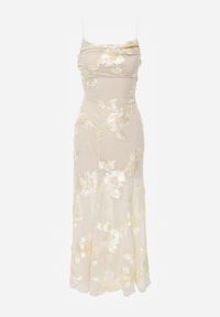 Born2be - Beżowa Koktajlowa Sukienka Siateczkowa z Odkrytymi Plecami z Wiązaniem Cezelle. Kolor: beżowy. Materiał: materiał. Wzór: aplikacja, kwiaty. Styl: wizytowy #2