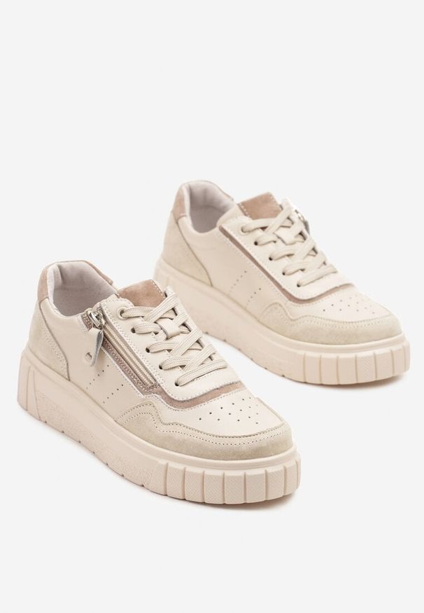 Born2be - Beżowe Skórzane Sneakersy w Streetwearowym Stylu Zdobione Suwakiem Elearessa. Okazja: na co dzień. Kolor: beżowy. Materiał: skóra. Wzór: aplikacja. Sezon: wiosna, jesień. Obcas: na platformie