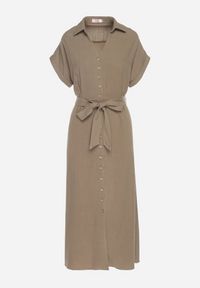 Born2be - Ciemnozielona Sukienka Koszulowa z Wiskozy i Lnu Wiązana w Talii z Kieszeniami Efrasira. Okazja: na co dzień. Kolor: zielony. Materiał: wiskoza, len. Typ sukienki: koszulowe. Styl: elegancki, casual #5