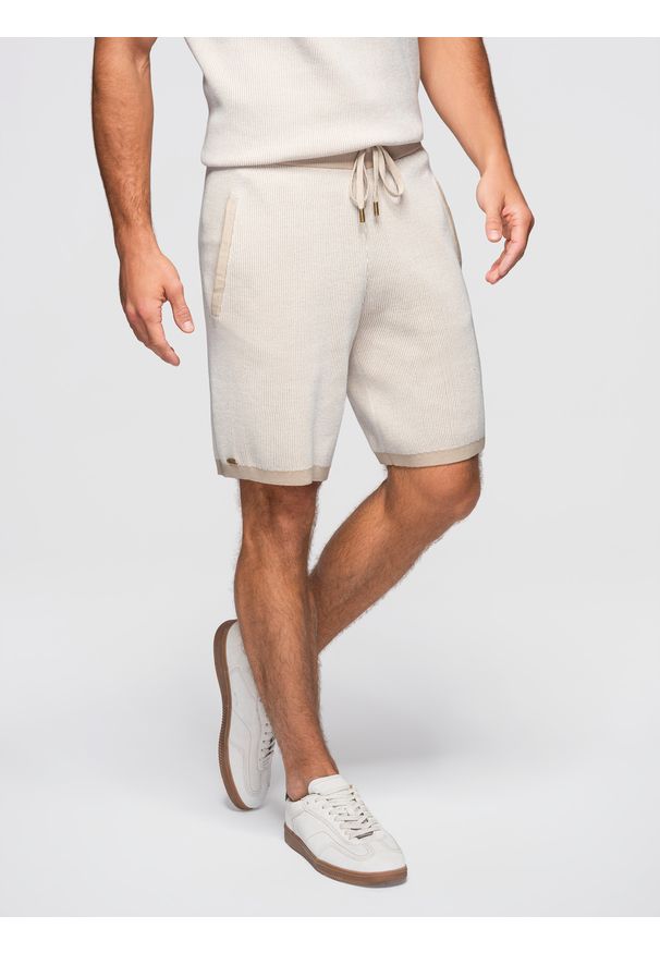 Ombre Clothing - Szorty męskie dzianinowe z regulacją w pasie - beżowe V1 - Rozmiar: XL. Okazja: na co dzień. Kolor: beżowy. Materiał: dzianina. Długość: krótkie. Sezon: lato. Styl: casual